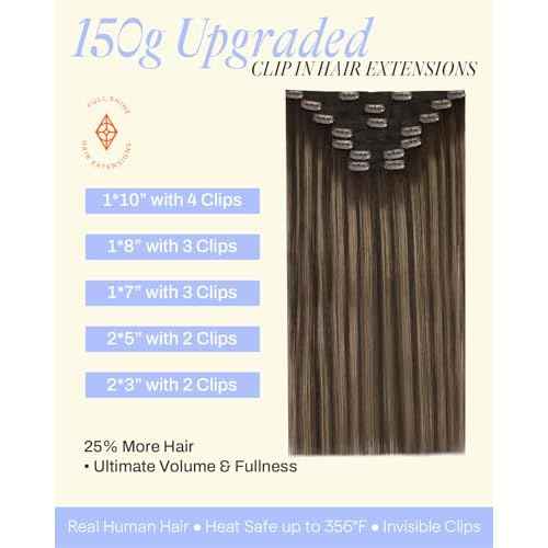 Full Shine Dark Brown Balayage Clip in Extensions Real Human Hair 20 Inch 150 G Brown Clip on Hair Extensions for Thickness 7 Pcs