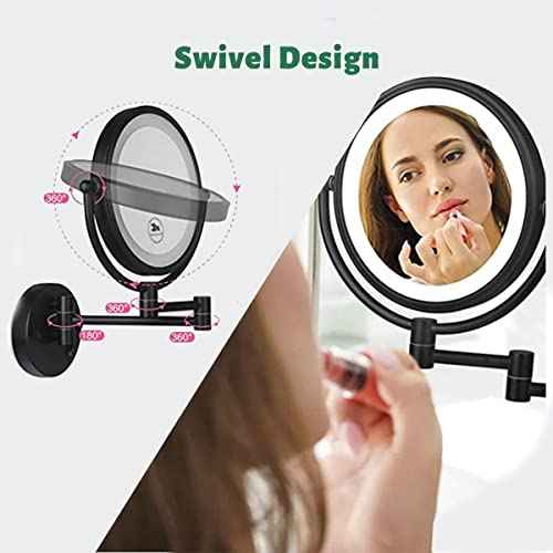 Hardwire LED Lighted Wall Mount Gold Makeup Mirror with 10x Magnification for Bathroom and Bedroom,13" Extendable Arm (Black)