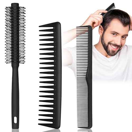 3PCS Comb Set Hair Combs for Men, Fine and Wide Tooth comb - Roller Brush for Adding Volume, Hair Styling mens comb for Styling and Grooming - Frosted Texture