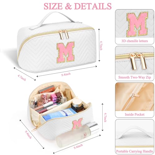 Travel Makeup Bag, Personalized Make Up Gift Cosmetic Bag for Women, Initials Wide-open Makeup Pouch Organizer Bag for Girls, Roomy Makeup Travel Bags - White W