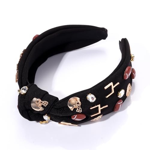 Football Headband for Women Football Accessories Beaded Football Rhinestone Crystal Knotted Headband Jeweled Embellished Game Day Top Knot Headband Football Mom Hair Accessories (A-Black Football)