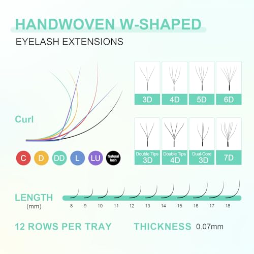 NAGARAKU W Shape Eyelash Extension 7D Cluster Premade Fans Eye Lashes Faux Mink Matte Black Easy Fanning False Eyelashes (0.07mm D curl 8-15mm Mix)