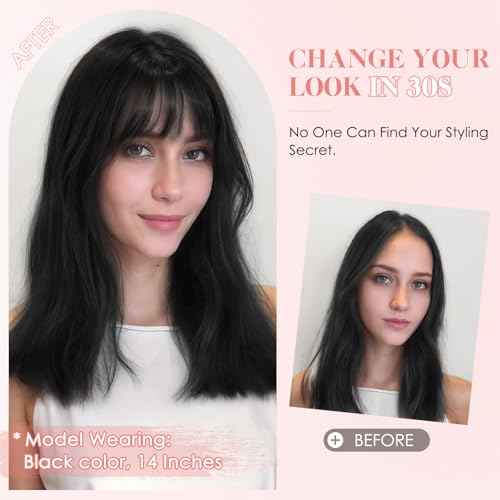 Hairro Human Hair Topper with Wispy Bangs, Clips on 360¡Æ 3D Cover Real Hairpieces Lightweight, 2.25"x6" Base for Women with High Hairline/Thinning Hair, 12 Inch Natural Black Bangs