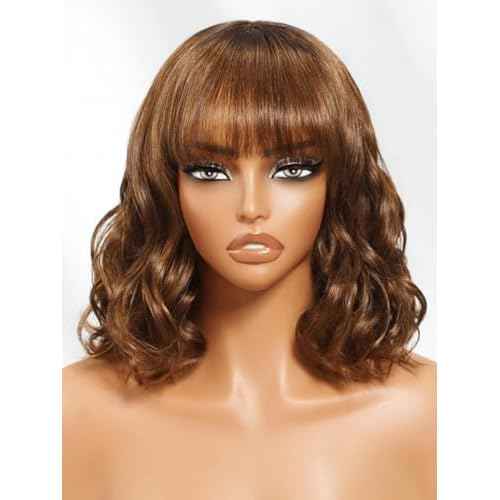 YIROO Bob Wig Human Hair with Bangs,Chestnut Chocolate Brown Highlight Loose Body Wave 4x2 HD Lace Closure Glueless Wig Human Hair Pre Plucked Wear and Go Short Bob Wig for Women 150% Density 12Inch