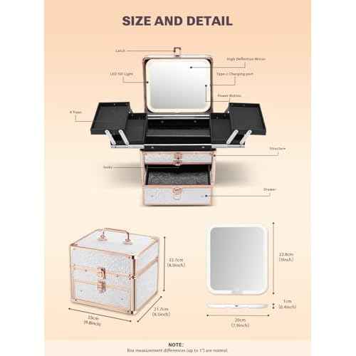 Qislee Makeup Box with Drawer and Four Trays, A Detachable Lighted Mirror, Waterproof Travel Train Case, Cosmetic Organizer and Makeup Suitcase with Magnetic LED Mirror(Bright White)