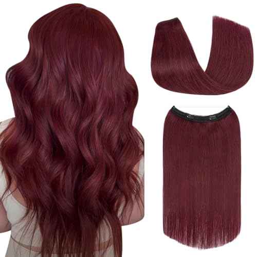 S-noilite Halo Hair Extensions Real Human Hair,Invisible Wire Hair Extensions with Adjustable Fish Line Halo Extensions for Women 16Inch 80G(Wine Red)