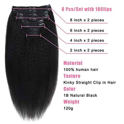 Kinky Straight Human Hair Clip in Extensions 120g Full Head Clip ins for Women 100% Unprocessed Brazilian Virgin Human Hair Yaki Straight Clip ins Remy Hair Natural Black 8Pcs 18Clips 26inch
