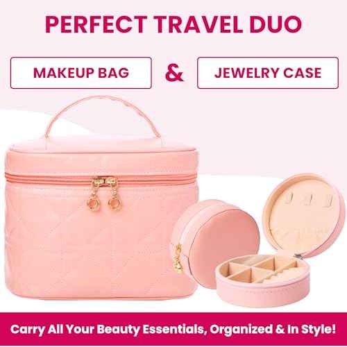 NESTORO Travel Toiletry Makeup Bag with Jewelry Case, Gift for Women, Pink Quilted PU Leather
