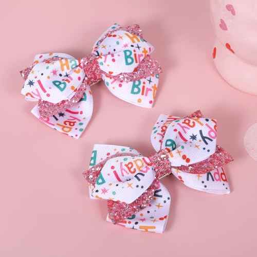 4" Happy Birthday Ribbon Hair Bow Clips 2pc Sparkly Pink Sequin Alligator Barrettes Pins for Teens Toddler Baby Girls Kids Women Ice Cream Party Outfit Dress Decor Accessory Gift