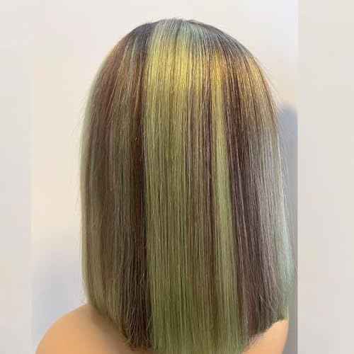 Human Hair Straight Bob #4 Mixed Ombre Bluish Green Colored 13X4 HD Transparent Lace Front Wig with Baby Hair 100% Virgin Glueless Brazilian Hair 150% Density for Black Women 12 Inch