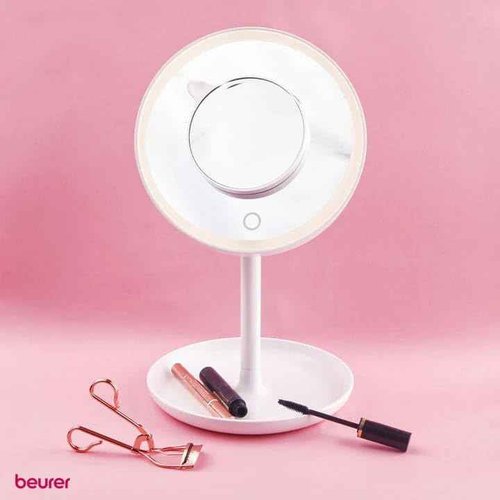 Beurer Illuminated 5X Vanity and Cosmetics Mirror, Touch Sensor Surface, Storage Tray, with Portable, Magnetic Magnifying Makeup Mirror, White LED Light and Dimmer, Cordless, 360° Rotation, BS45