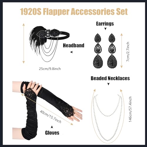 Women 1920s Flapper Set with Headband Beaded Necklaces Earrings Gloves for Vintage Wedding Costume Accessories