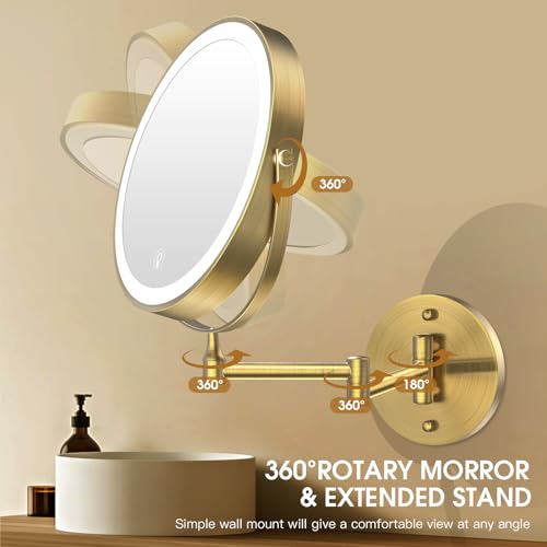 Wall Mounted Lighted Makeup Mirror,8" Rechargeable Double-Sided Light up Magnifying Mirror 1x/10x,3 Color Led Vanity Mirror with Lights,Touch Dimmable 360¡Æ Rotation-Antique Bronze