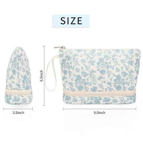 Ethereal Small Makeup Bag, 2 Layers Travel Make up Organizer Bag with Makeup Brush Holder, Portable Cosmetic Bag for Women/Girls, Blue Flower
