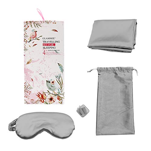 Satin Sleep Mask Set - Authentic Skin-Friendly Fabric Light-Blocking Sleeping Eye Mask with Adjustable Strap, Pillowcase, Earplugs for Noise Reduction, Essentials for Relaxation (Grey)