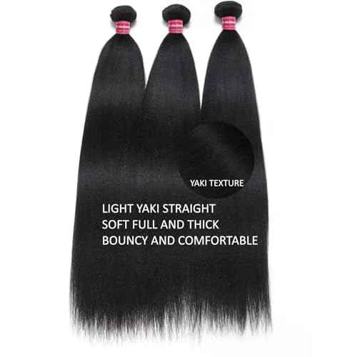 KLAIYI Yaki Straight Bundles Human Hair Weaves Unprocessed Real Virgin Hair Sew In Extensions 3 Bundles 10 12 14Inch, 12A Kinky Straight Double Wefts for Women Cllip In Light Yaki Natural Black Color