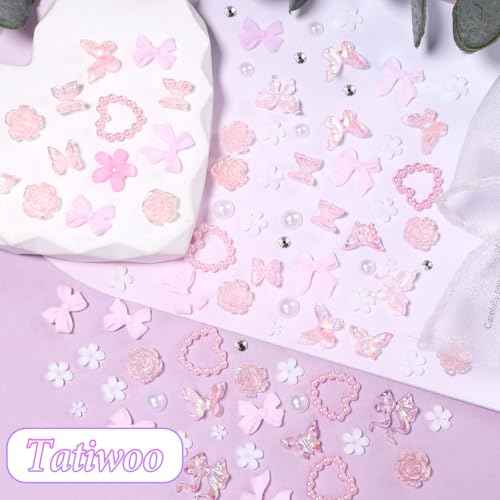1000 Pcs White Flower Nail Charms, 3D Tiny Flowers Charms for Acrylic Nails Mixed Pink Bows Butterfly Petal Nail Art Charms, Caviar Beads and Half Nail Pearls for Manicure Nail Accessories