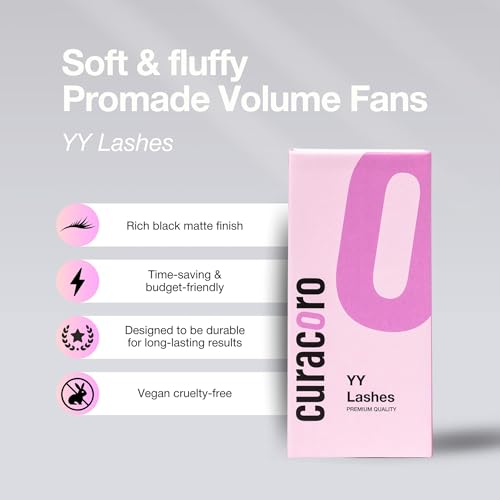 Curacoro YY Eyelashes Extensions - 2D Fans Volume Eyelashes, 0.07 CC Curl 9mm - 15mm Length Mixed Tray, Full Fluffy Volume Look, Long Lasting & Easy Application