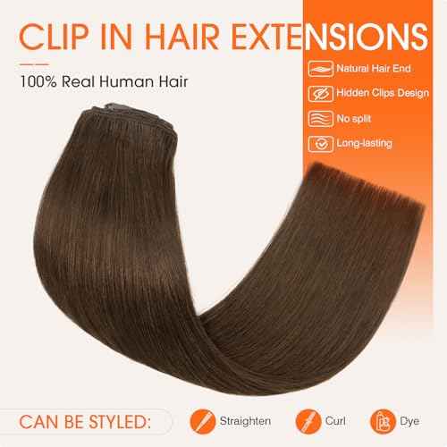 TESS Seamless Clip in Hair Extensions Human Hair Remy Clip ins Natural Soft Straight 8pcs 18Clips, 20 Inch, Dark Brown