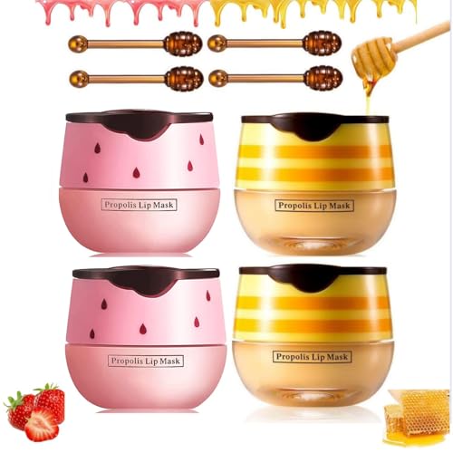 4PCS Bee Lip Balm Honey Pot - Honey & Strawberry Mask With Brush, Moisturizing & Hydrating, Prevents Dry and Cracked Lips, Reduces Lines - Lip Care Product