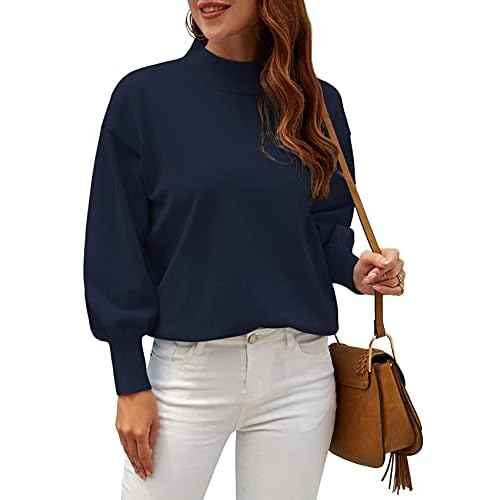 WEACZZY Women's 2025 Fall Fashion Casual Sweaters Mock Neck Long Lantern Sleeve Lightweight Knit Pullover Sweater Tops