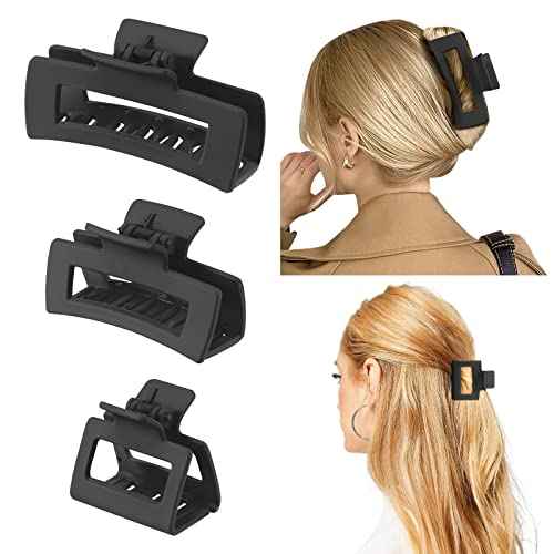 Shinowa 3 Pack Hair Claw Clips, Square Rectangular Claw Hair Clips for Women Girls, Non-slip Matte Large Medium Small Hair Clips, Strong Hold Jaw Clip for Thick Thin Hair, Black