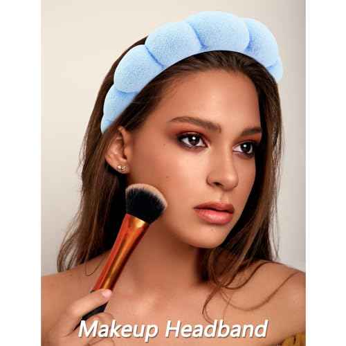 VELSCRUN Spa Headbands for Wash Face, Makeup Headband, Facial Skincare Headbands, 5 Pcs Blue Puffy Sponge Spa Headband Bow Tie Hair Band Hair Clips Wristband Set Women Girls Accessories