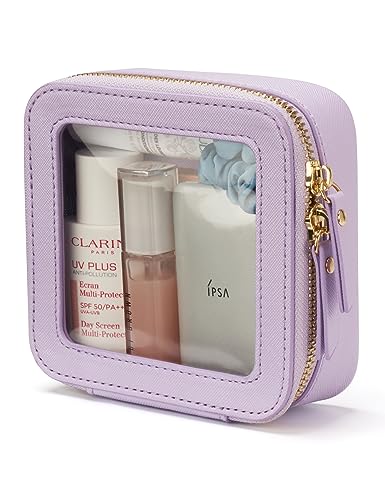 Small Cosmetic Bag for Purse Mini Makeup Bag for School Cute Clear Make Up Pouch for Travel Tiny Leather Purple Make Up Organizer Case for Backpack Toiletry Bag Waterproof Square Pouch with Zipper