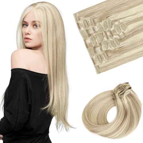 Sassina Clip in Hair Extensions Remy Human Hair 14 Inch Straight Human Hair Clip ins Extensions Golden Blonde to Medium Blonde Invisible Clip ins Full Head 8 Pcs with 18 Clips 90 Grams #P16/22