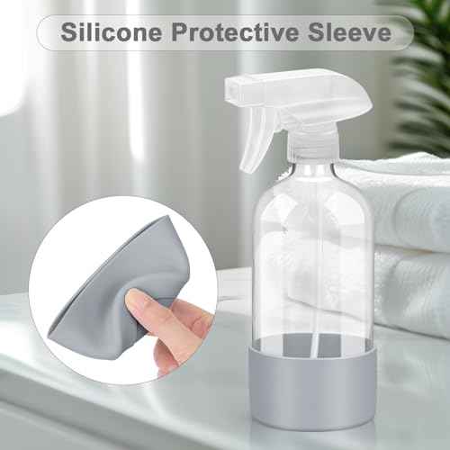 2 Pack Glass Spray Bottles with Silicone Sleeve, 16 oz Empty Refillable Containers with Adjustable Spray Nozzles, Spray Bottles for Hair, Cleaning Solutions and Plants Blue&Grey