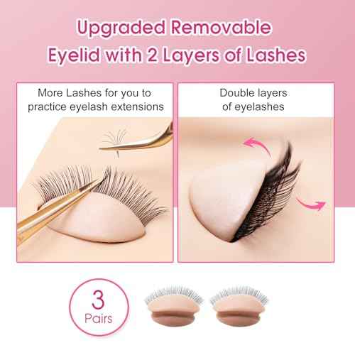 6 Pairs 2 Layers Eyelash Practice Eyelids for Mannequin Head, Silicone Rubber Removable Realistic Eyelash Extension Eyelids for Lash Training
