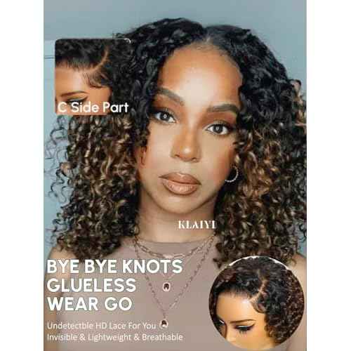 KLAIYI Ombre Brown Curly Bob Wig Human Hair Bye Bye Knots Glueless Wig Precut Lace Pre Bleached Pre Plucked 7x5Lace Front Easy to Wear Put On Go Wig with Dark Roots Side Part Balayage Brown Wig 10Inch