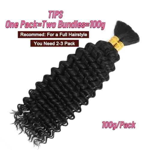 Human Braiding Hair for Boho Braids Bohemian Deep Wave Bulk 100% Human Hair for Braiding Wet and Wavy Human Hair for Boho Knotless Braids No Weft 2 Bundles 100g Hair Extensions Natural Color