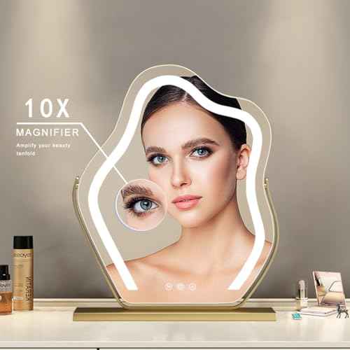 Cloud-Shaped Makeup Mirror with Lights,NO Assembly Required,Painted Gold/Black, 3 Color Modes, Touch Controls, 360¡Æ Rotation, 10X Magnifier (Painted Gold)