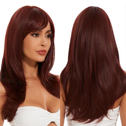 DAWANQU Red Wig With Bangs Long Body Straight Wigs Hair Preplucked Hairline Natural Wigs for Women Synthetic Wig Hair Long straight hair wigs with bangs (25 Inch, Berry Red)