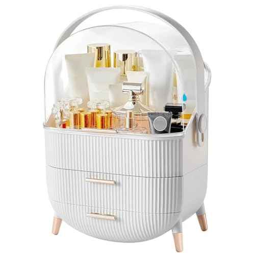 Makeup Organizer with Transparent Lid & 2 Drawers ? Large Capacity Cosmetic Skincare Storage Box for Bathroom Vanity, Countertop, Bedroom ? Portable and Dustproof, White (11"x7"x14")