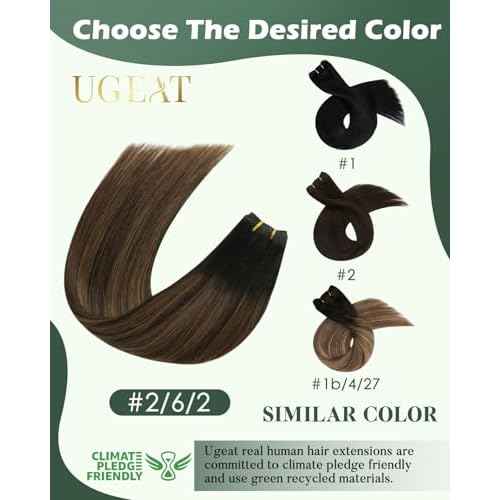 Ugeat Balayage Human Hair Weft Extensions 22 Inch Dark Brown Mix Chestnut Brown Hair Extensions Real Human Hair Sew in Wefts Long Straight Double Weft 100G