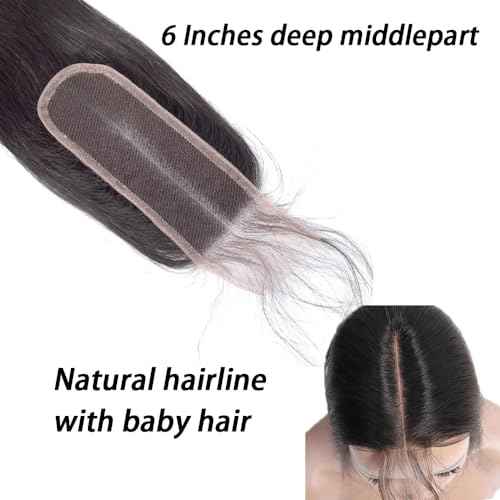 Brazilian 2x6 Human Hair Lace Closure 22 Inch Body Wave 2x6 Human Hair Closure Black Middle Part 100% Human Hair Lace Closure With Baby Hair (22 Inch, 2x6 Black)