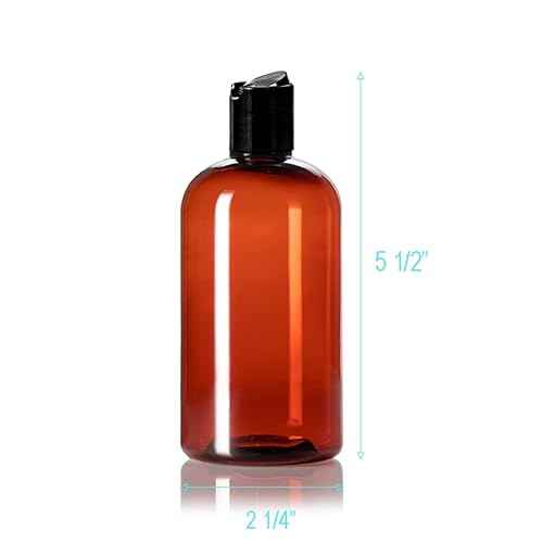 ljdeals 8 oz Amber Plastic Empty Bottles with Black Disc Top Caps, Refillable Containers for Shampoo, Lotions, Cream and More, BPA Free, Pack of 2, Made in USA