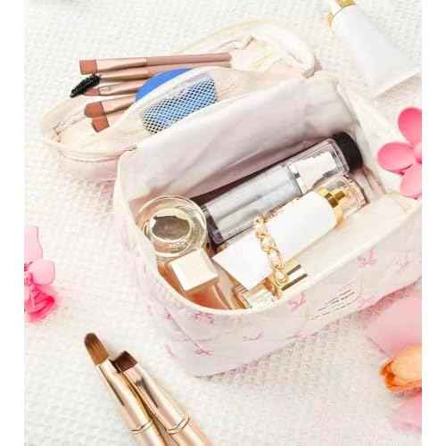 Large Travel Quilted Makeup Bag£¬Cute Bow Cotton cosmetic bag, Fashionable aesthetic makeup bag,Coquette Aesthetic Floral Travel Toiletry Bag for Women and Girls