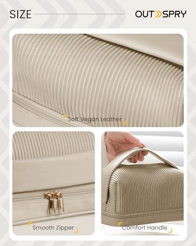 OutSpry Makeup Bag, Travel Cosmetic Bag [Cream Toast Bag] [Makeup Brush Compartment] Large Capacity Double Layer Vegan Leather Water-Resistant Toiletry Bag, Cream White