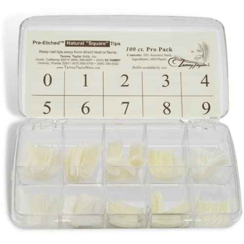 Tammy Taylor Natural Square Nail Tip Extensions, Full Coverage, Natural Lightweight, Long Lasting, Salon Grade Professional Pre Etched Acrylic Nail Tips, Well Less Fake Nails (100 count)