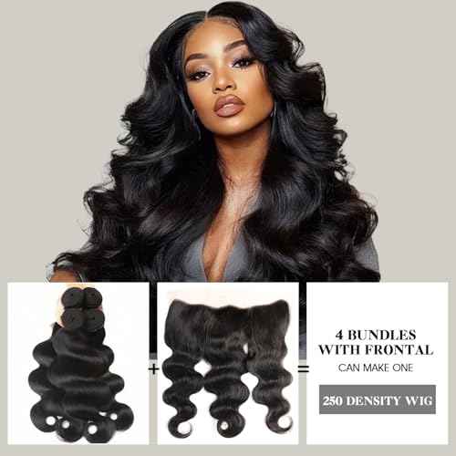 12A Human Hair Bundles with Closure Frontal (18 20 22 24 &16 Frontal) Body Wave 4 Bundles Human Hair with 13x4 HD Lace Frontal - Brazilian Quick Weave Hair Extension Real Human Hair for Daily Use