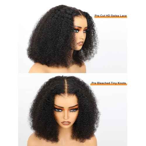 Domiso 18 Inch Knots Bleached Max Part 8x5 M-Cap Afro Kinky Curly Glueless Wigs Human Hair Pre Plucked Pre Cut Wear and Go Glueless Wig Kinky Curly Lace Front Wigs Human Hair 195% Density