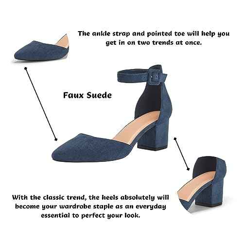 LAICIGO Women's Pointed Toe Pumps Ankle Strap Buckle Chunky Block Heel Dress D'Orsay Shoes