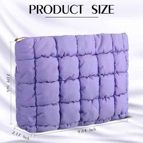 Hillban Purple Puffy Quilted Makeup Bag Quilted Cosmetic Bag Cute Puffer Toiletry Checkered Pouch Aesthetic Travel Makeup Brushes Organizer(Classic)