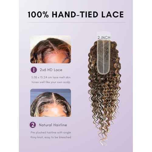 12A Honey Blonde Highlight 2x6 HD Lace Closure with Bundles Deep Wave Human Hair, P4/27 Ombre Brown Curly Brazilian Weave Thick Track 3 Bundles with Kim K 2by6 Closure Pre Plucked 10 12 14+10In