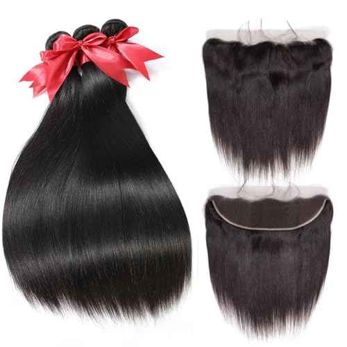 12A Straight Bundles with Frontal Human Hair 20 22 24+18 Inch Brazilian Human Hair Bundles with Frontal 100% Unprocessed Virgin Weave Hair with 13x4 HD Lace Closure