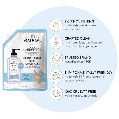 J.R. Watkins Gel Hand Soap Refill, Moisturizing Hand Wash, Formulated with Plant-Based Cleansers, Alcohol-Free, Cruelty-Free, Ocean Breeze, 34 Fl Oz, 2 Pack