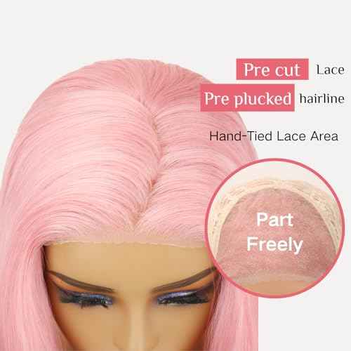 Pink Lace Front Wig for Women Pre-Plucked Pre Cut Glueless Long Straight Layered Synthetic Ready to Wear Wig 4x6 HD Lace for Girls Party Cosplay and Daily Use 26 Inch